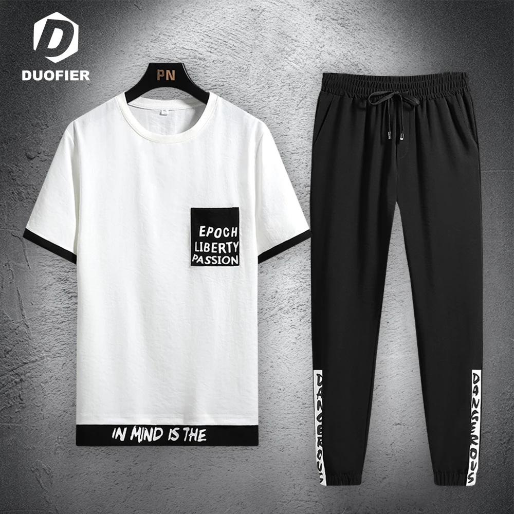 

Men Sweatshirts Set 2 Piece Short Sleeve Sportswear Pullover T-shirt + Trousers Tracksuit Outfits Male Casual Jogger Sweat Suits
