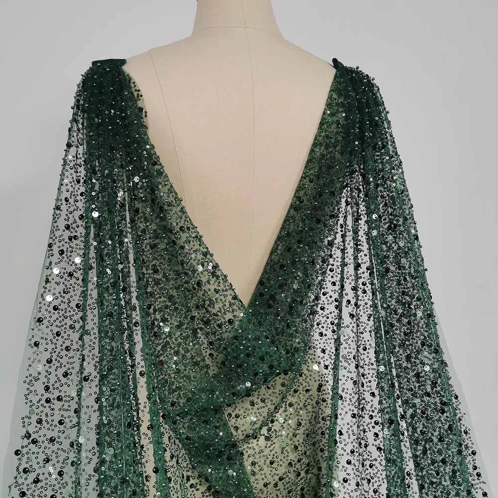 

Sparkle Heavy Green Cape Veil with Beads Pearls Luxury Bridal Bolero 3 Meters Shoulder Veil with Pins Wedding Accessories