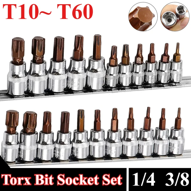 ชุดดอกไขควง Torx ขนาด 1/4 3/8 นิ้ว พร้อมหัวซ็อกเก็ต T10 T15 T20 T25 T27 T30 T40 T45 T50 T55 T60 และอะแดปเตอร์ประแจซ็อกเก็ต 1