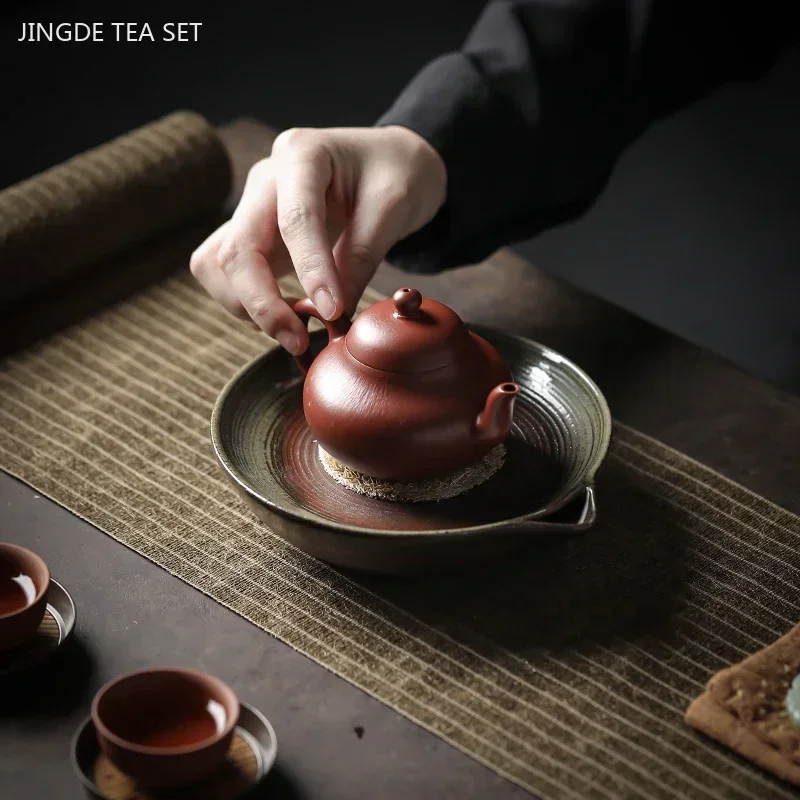 Japanese Crude Pottery Teapot Base Small Dry Tea Tray Household Tea Set Storage Trays Water Storage Tea Tray Teaware Supplies