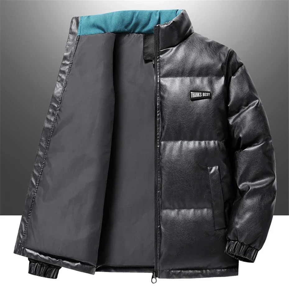 PU Parkas Men Winter Thick Jacket Coat Fashion Casual PU Padded Jacket Male Winter Parkas Solid Color Stand Collar