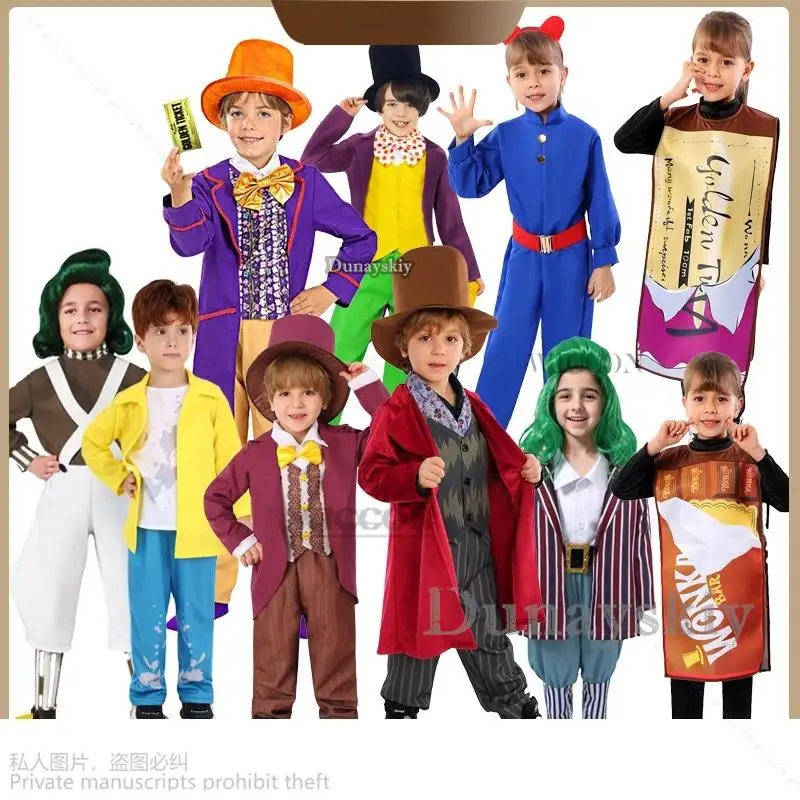 

Charlie Cosplay Costume Uniform Child Willy Role Play Outfit Full Suit Halloween Masquerade Kid Cloth Jumpsuit