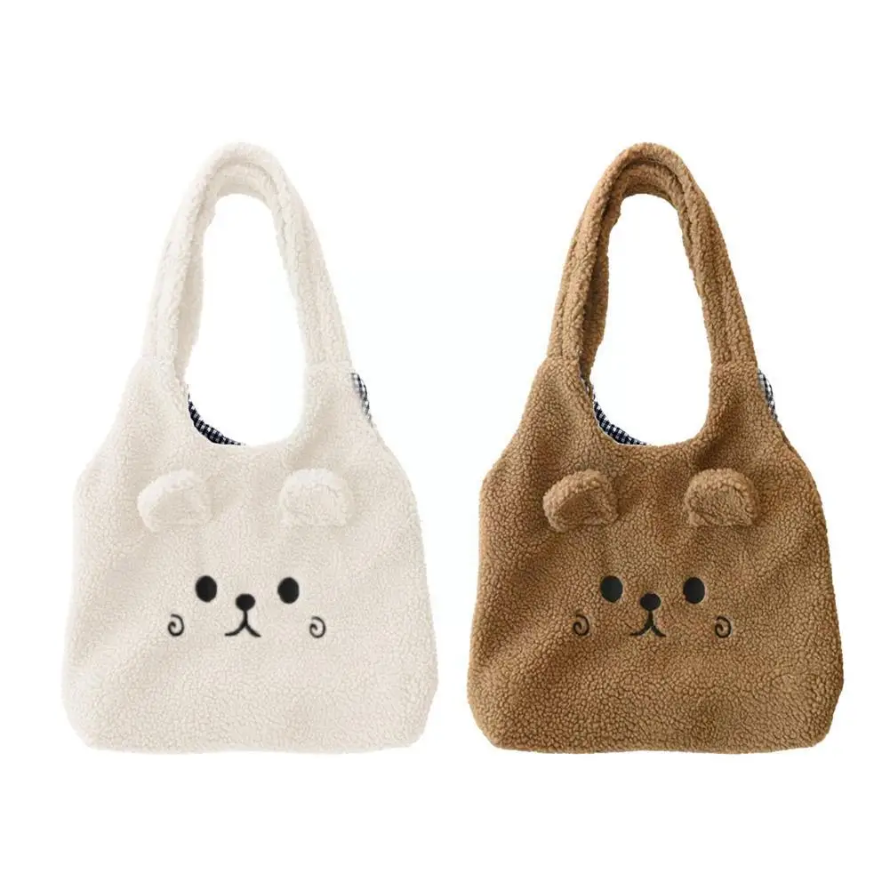 Soft Plush Tote Bag Women Cartoon Embroidery Imitation Lamb Hair Shoulder Shopper O7H5