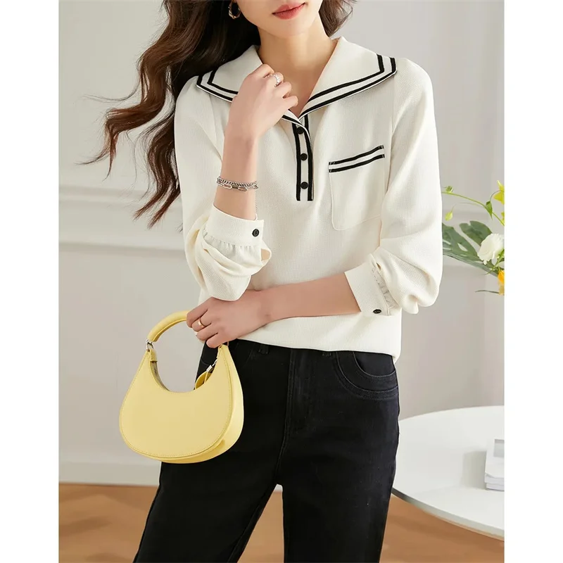 

French Navy Collar Shirt Female 2023 Spring New Age Reduction Leisure Color Bump Edge Slightly Fat MM 100 Top Female