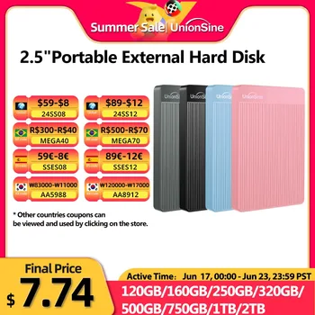 UnionSine HDD 휴대용 외장 하드 드라이브, 2.5 인치, 2TB, 1TB, 500GB, 750GB 디스크 메모리, USB 3.0 스토리지, PC, 맥, 데스크탑, 맥북, TV용