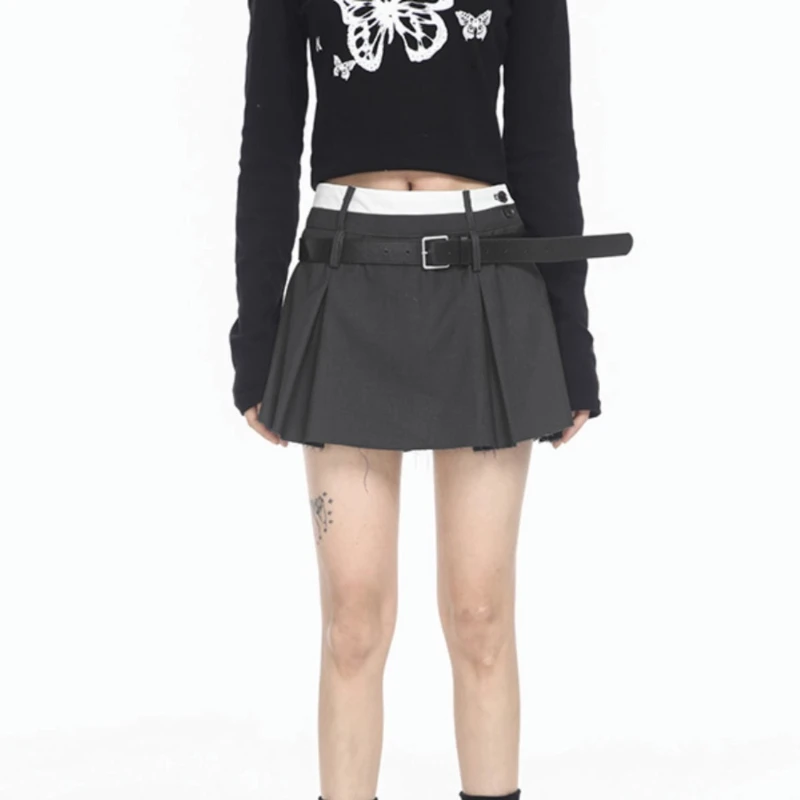 Deeptown Pleated Preppy Style Short Skirt Women Y2k Kawaii Slim Up Mini Skirts Summer Patchwork Suits Casual All-match Skirt
