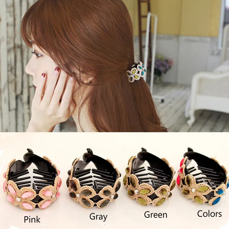 Korean Hair Accessories Four-leaf Flower Rhinestone Ponytail Clips Luxury Crystal Lace Decorate Banana Hair Clips Headwear Gift 3piece sweet pink floral hairpins baby girls safe handmade clips artificial flower hair clip headwear decorate hair accessories