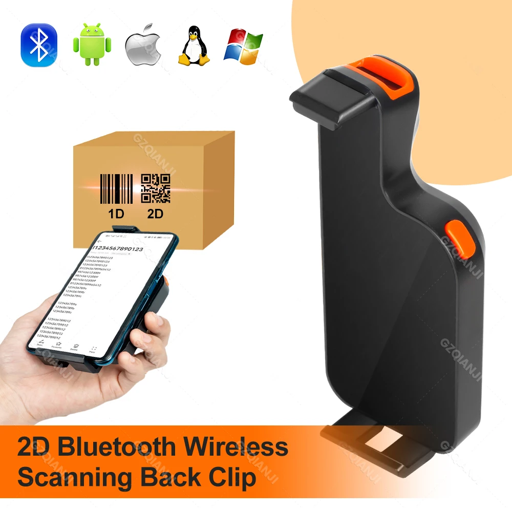 Palmare 1D 2D Qr Wireless Back Scanner Di Codici A Barre Clip-On Lettore Di Codici A Barre Bluetooth Lavoro Portatile Per Magazzino Logistico 2.4G Pc