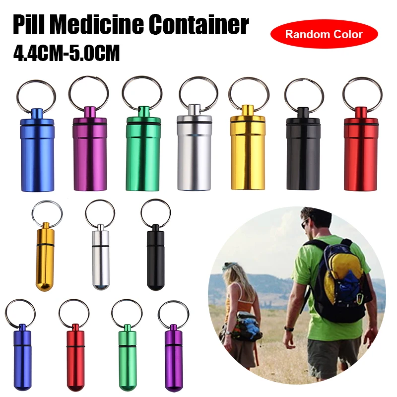 Portable Aluminum Alloy Waterproof Pill Medicine Storage Case keychain tool pill box tactical first aid accessories Holder Container Capsule First Aid Key Ring Keychain Outdoor Tool