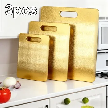 3pc Stainless Steel Gold Cutting Boards - Dishwasher Safe Chopping Board with Non-Slip, Juice Groove for Meat Fish Vegetables