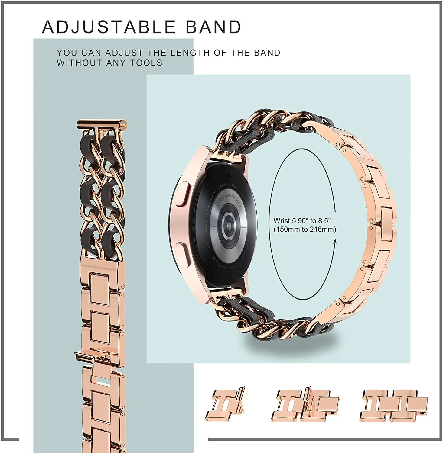 Leather and Metal Link Bracelet Watch Strap, 20mm/22mm Band