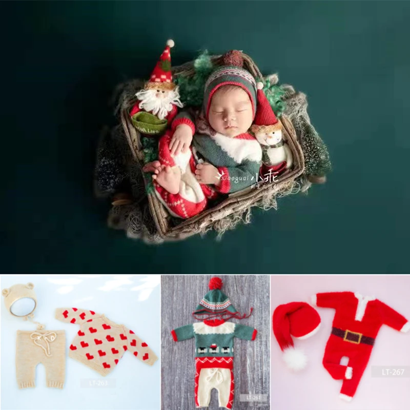 Dvotinst Newborn Photography Props Christmas Santa Clause Knitted Outfits Hat X'mas Studio Shooting Photo Props Accessories
