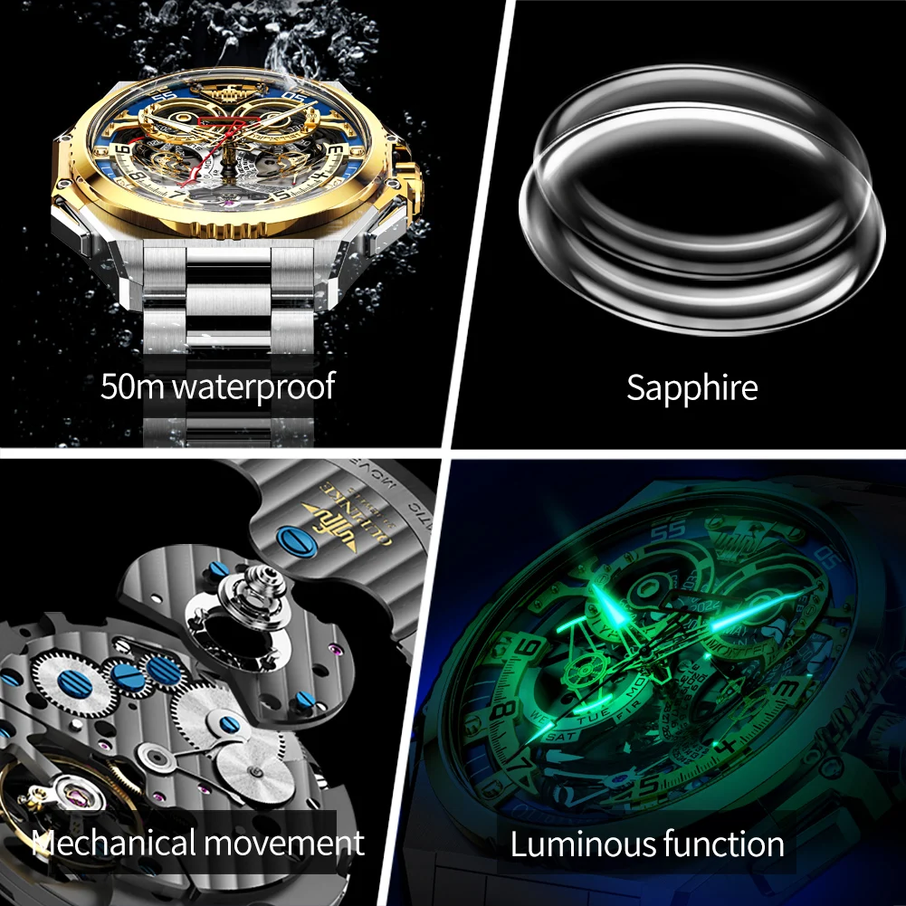 OUPINKE 3266 Automatic Man Watch Skeleton Flywheel Mechanical Watch For Men 45mm Big Dial 50M Waterproof Luxury Men's Watches