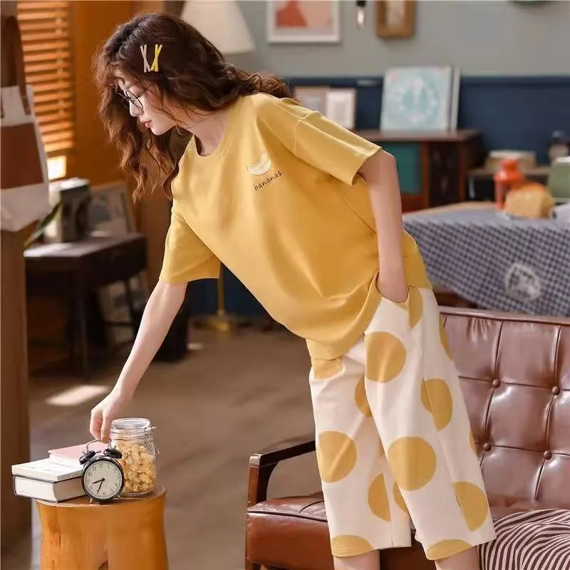 Summer Ladies Two-Piece Pajamas Women Seven Trousers Short-Sleeved Girls New Large Size Pajamas Homewear Suit Leisure Wear 4 Summer Ladies Two-Piece Pajamas Women Seven Trousers Short-Sleeved Girls New Large Size Pajamas Homewear Suit Leisure Wear - Image 4