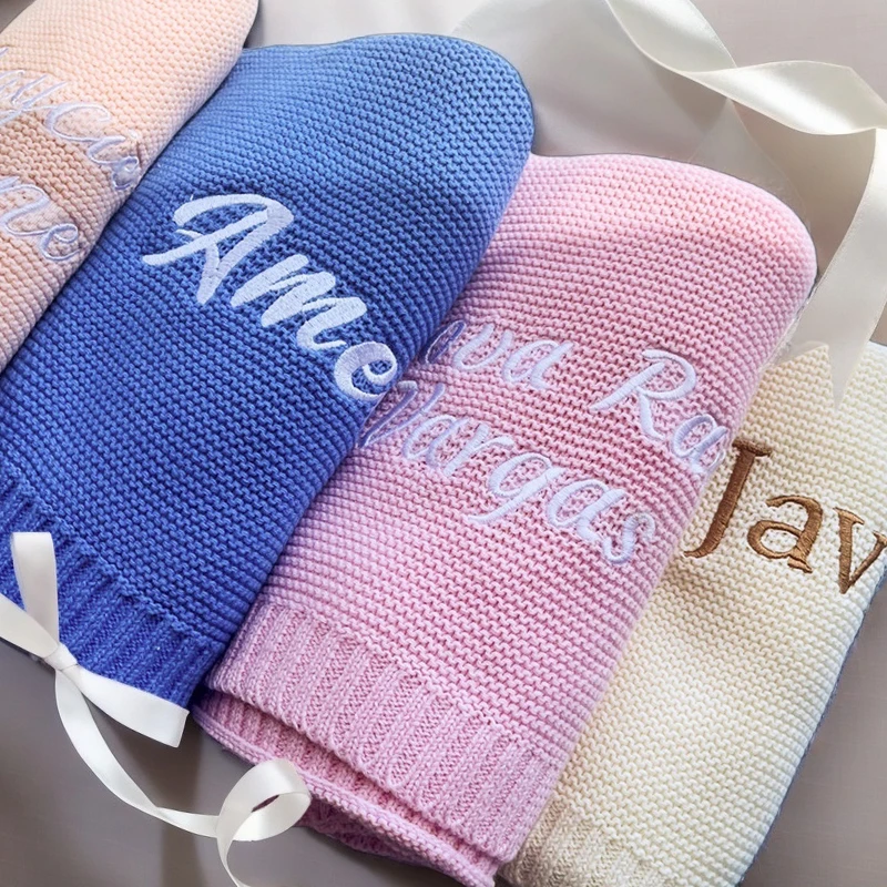 Personalized Knitted Blanket Embroidered Baby Name Stroller Cover Kids Cotton Nap Blanket for Newborn Shower Gifts 5