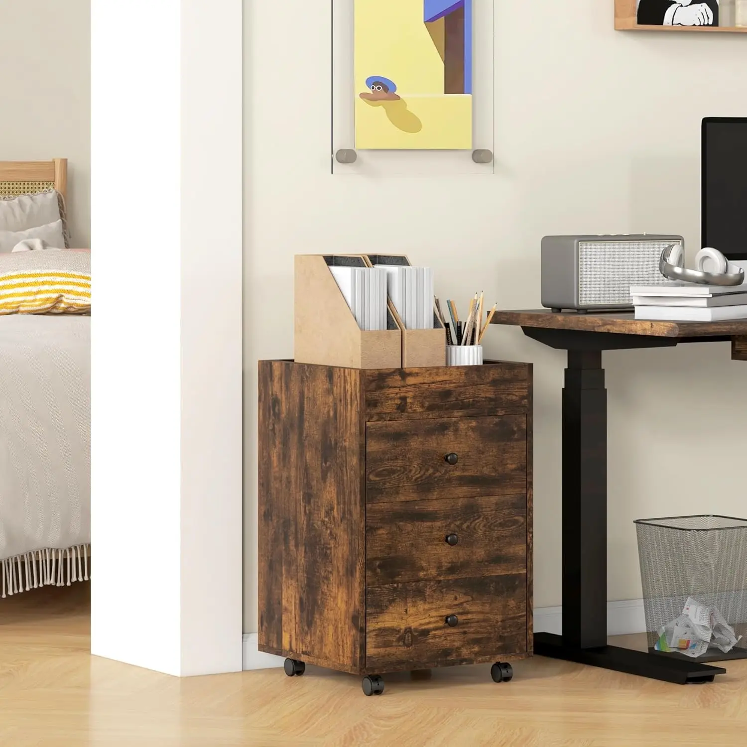 3 Drawer Office Storage Cabinet on Wheels with Removable Tray, Under Desk Printer Stand - Rustic Brown