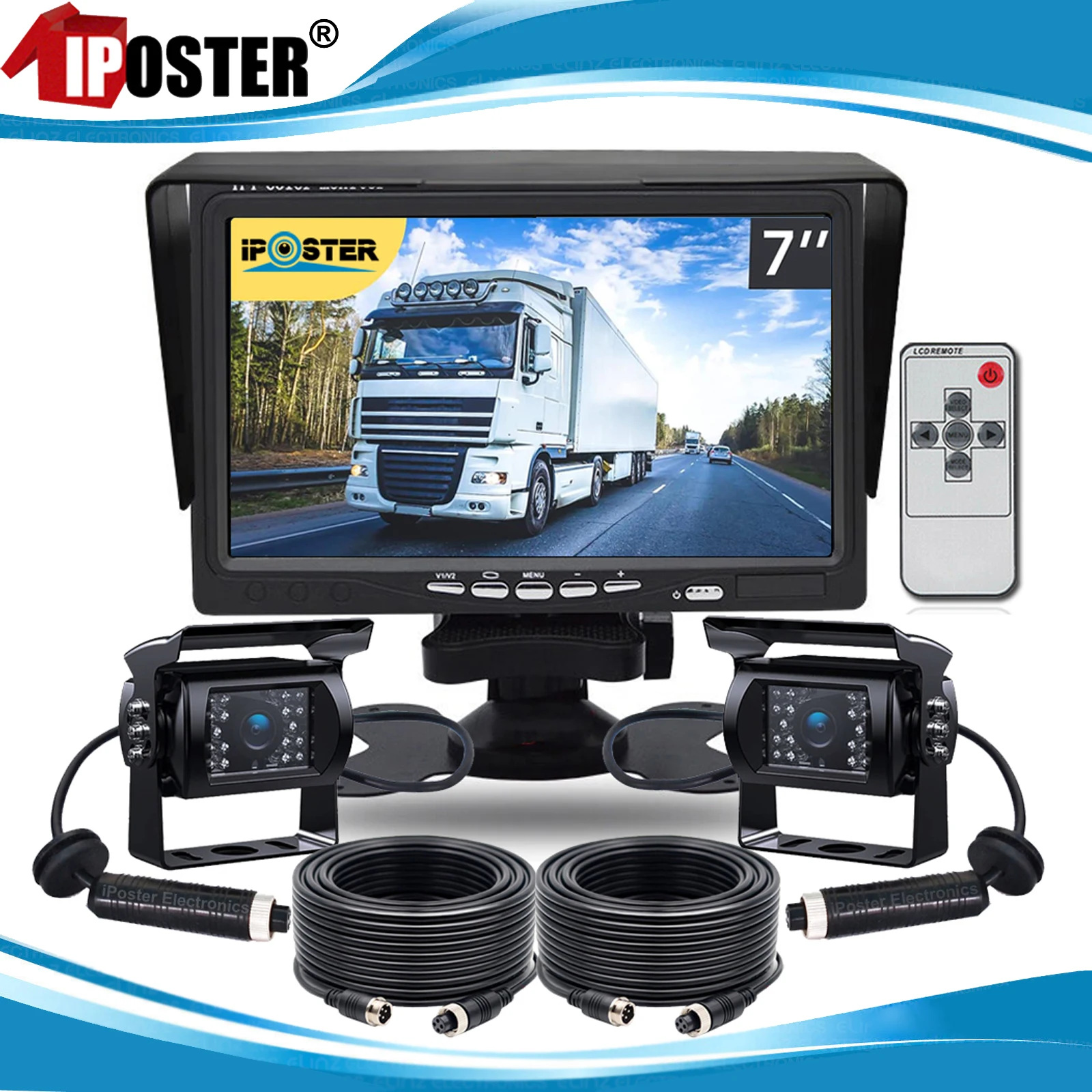 

iPoster Vehicle 2x 4PIN Back up Reversing Camera Night Vision 7" LCD Color Screen Rear View Monitor 800*480 For Truck RV Caravan