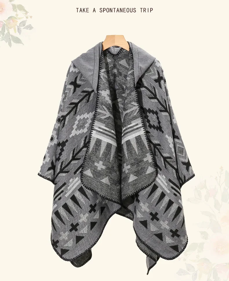 Poncho Herren Imitation Kaschmir Neue Tourismus Umhang Männlich Kapuzenwärme Schal Große Größe Druck Oberbekleidung Herbst Winter Umhänge Schals – Detail 3