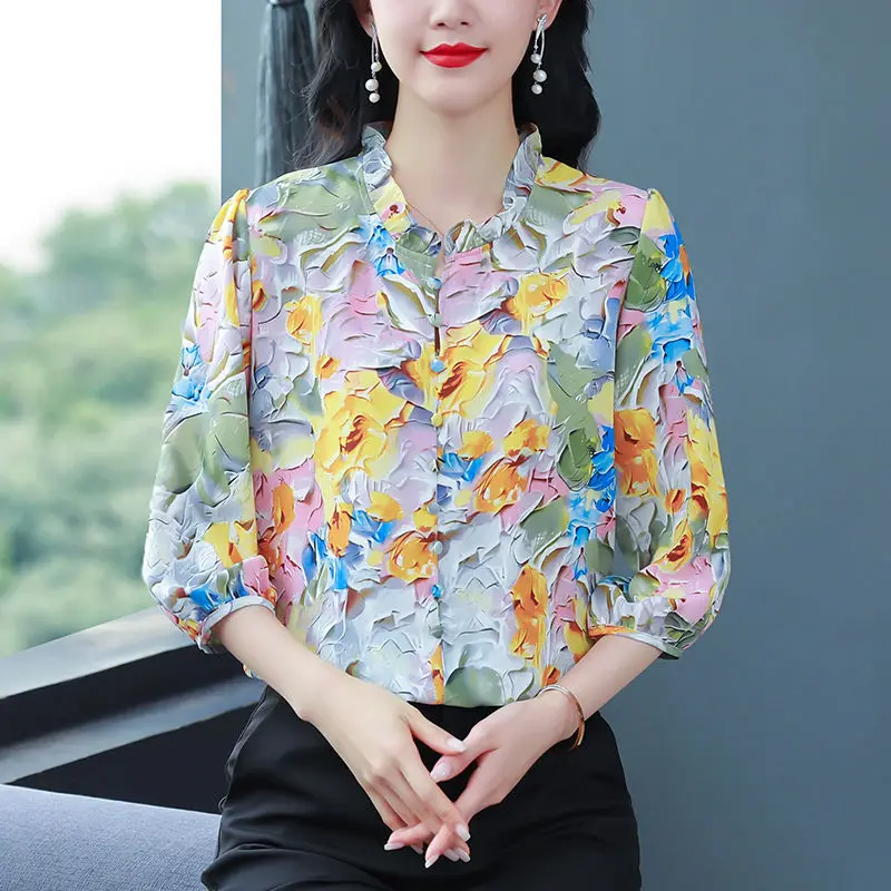 Women's 2024 Summer New Pullover O-Neck Patchwork Button Printing Fashion Slim Minimalist Casual 3/4 Sleeve Blouses Shirts