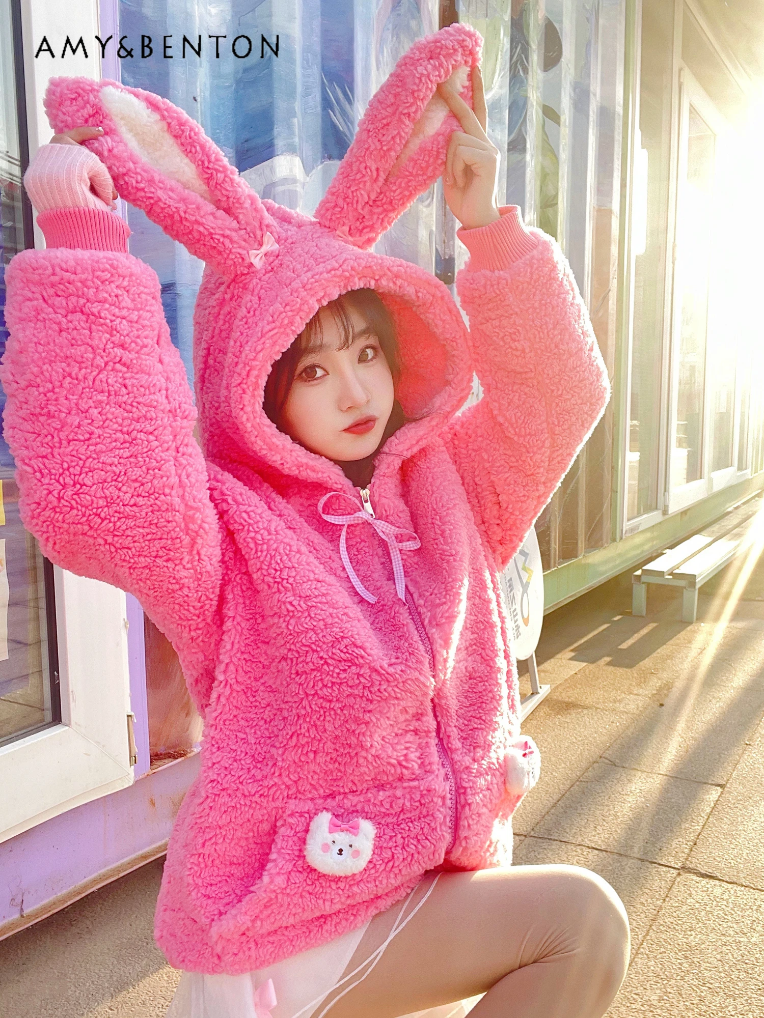 

Autumn and Winter New Korean Fashion Cute Loose Rabbit Ears Hooded Jackets for Women Casual All-Match Cute Winter Clothes Women