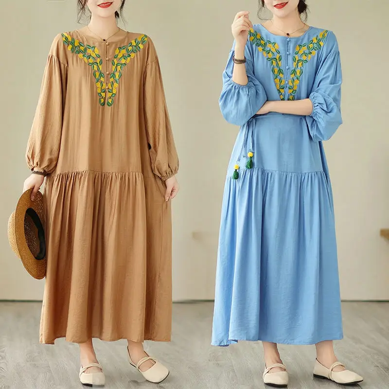 

Oversized Women's Dress 2023 Summer New Vintage Embroidery Loose Long Dress Slim O-Neck Full Sleeve Casual Clothing Z2275