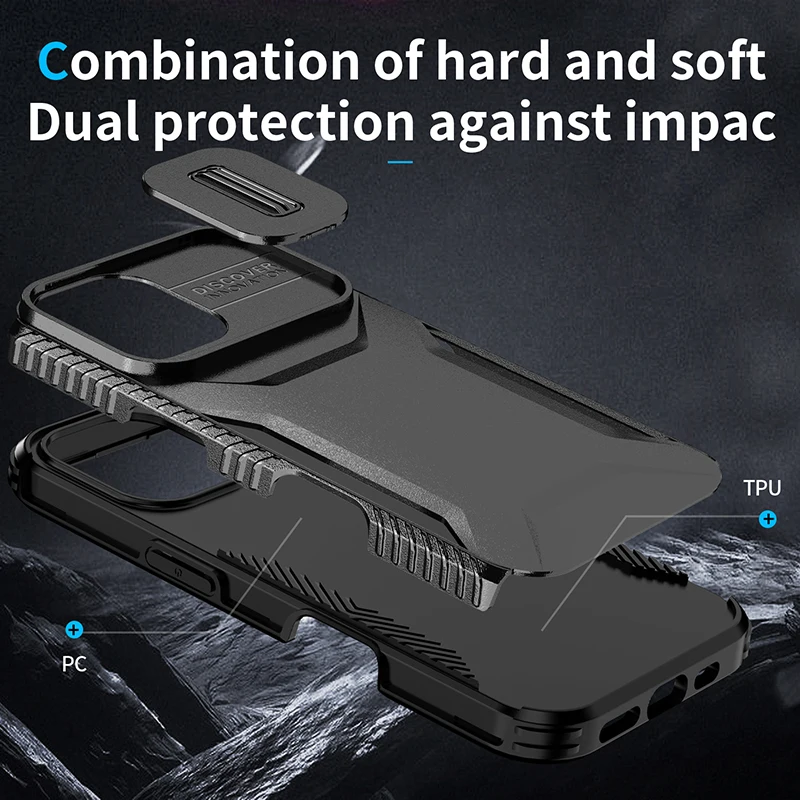 Shockproof Armor Case with Camera Lens Slide Protection and Hard Back Cover