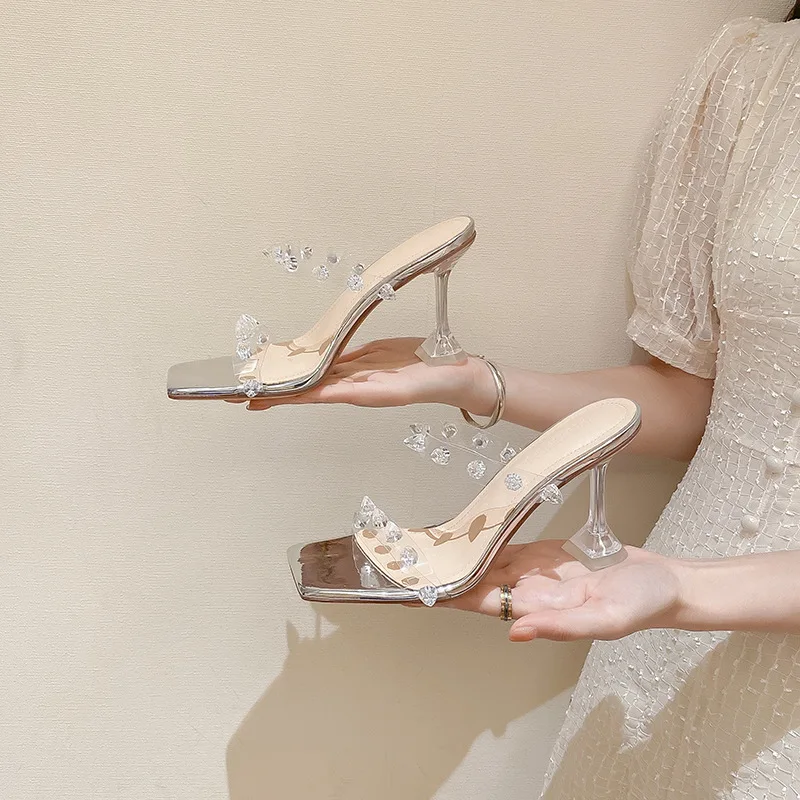 

European and American Square Head French One Word High Heels Transparent Sandals Women's All-match Summer Slippers