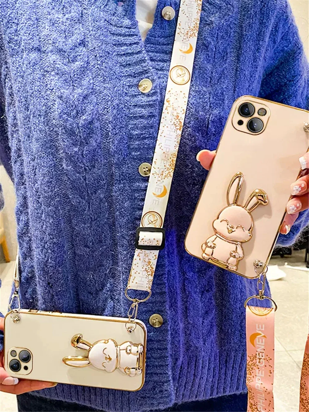 Crossbody Lanyard Rabbit Bracket Plating Silicone Phone Case