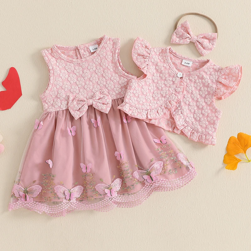 Adorable Baby Girls Summer Outfits with Bow Headband Floral Butterfly Pattern Tops and Matching Dresses - 3 Piece Set for 4