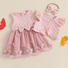 Adorable Baby Girls Summer Outfits with Bow Headband Floral Butterfly Pattern Tops and Matching Dresses - 3 Piece Set for 4