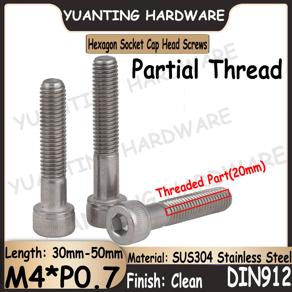 

10 шт.-15 шт. M4 * P0.7 DIN912 SUS304 Шестигранная головка из нержавеющей стали с накатанной головкой шурупы головка болты с частичной резьбой