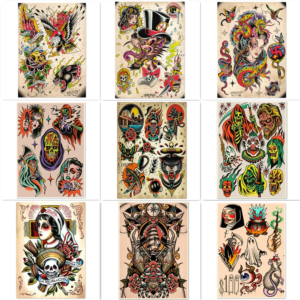 

Various Types of Tattoo Designs Wall Sticker Vintage Posters & Prints Creative Tattoo Art Picture Retro Kraft Paper Painting A1