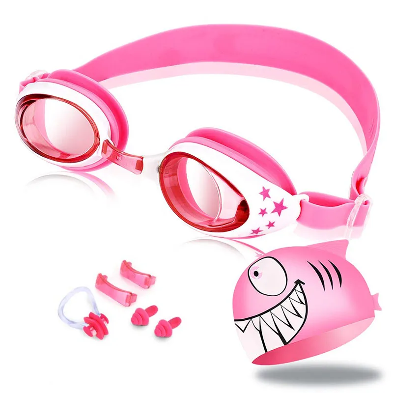 

Swimming Goggles Silicone Nose Clip Ears Plug Shark Swim Cap Set Kids Girls Anti Fog Eyewear Swimming Glasses Children Age 3-12