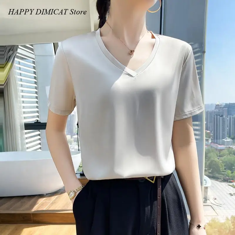

Silk T-Shirt Loose Female Tops Pullover Women's T-Shirts Summer V-Neck Short Sleeve Tees Casual Solid Color Bottom Basic Clothe