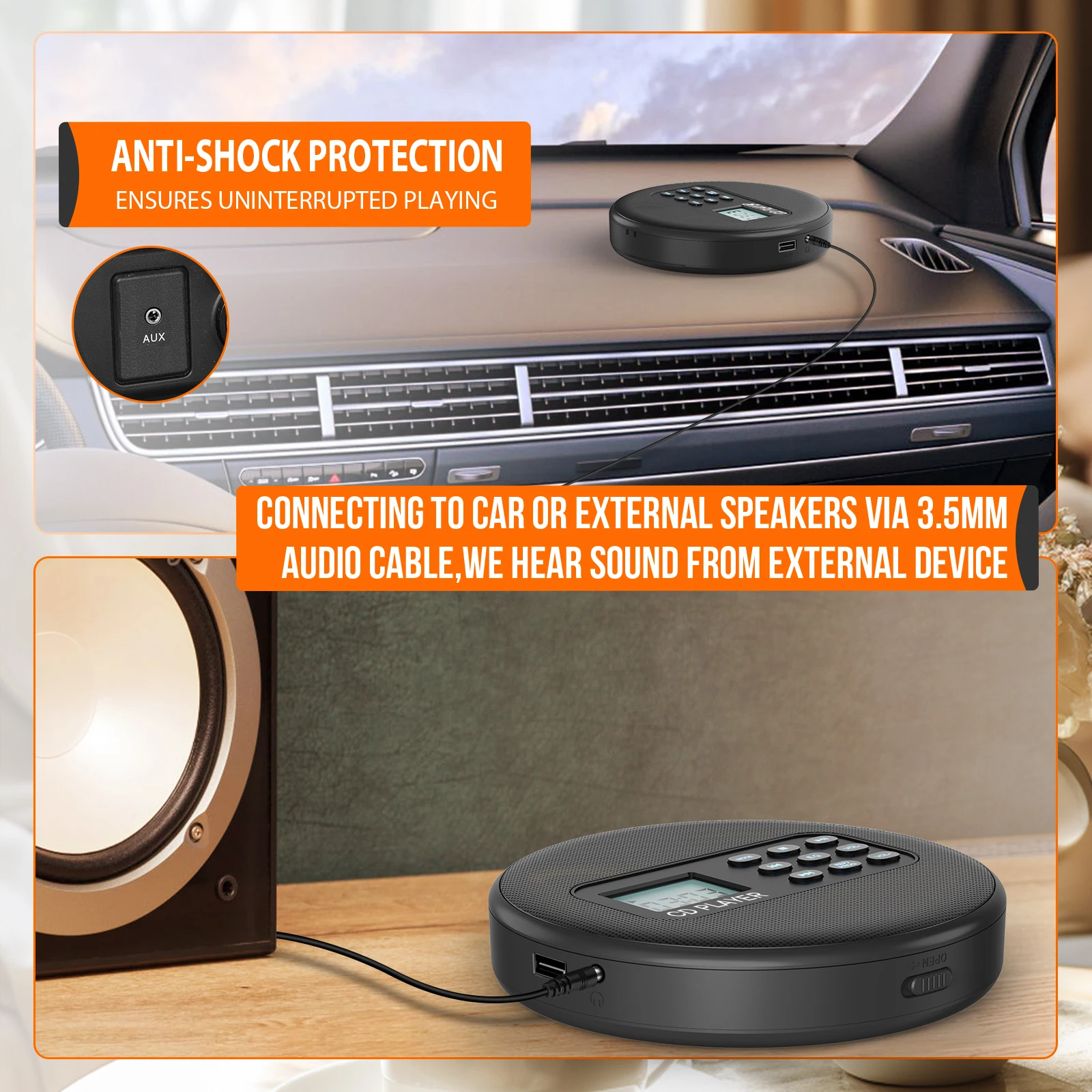 Kuephom Portable CD Player Speakers Rechargeable walkman cd player Headphones Discman USB CD/MP3/WAM playable
