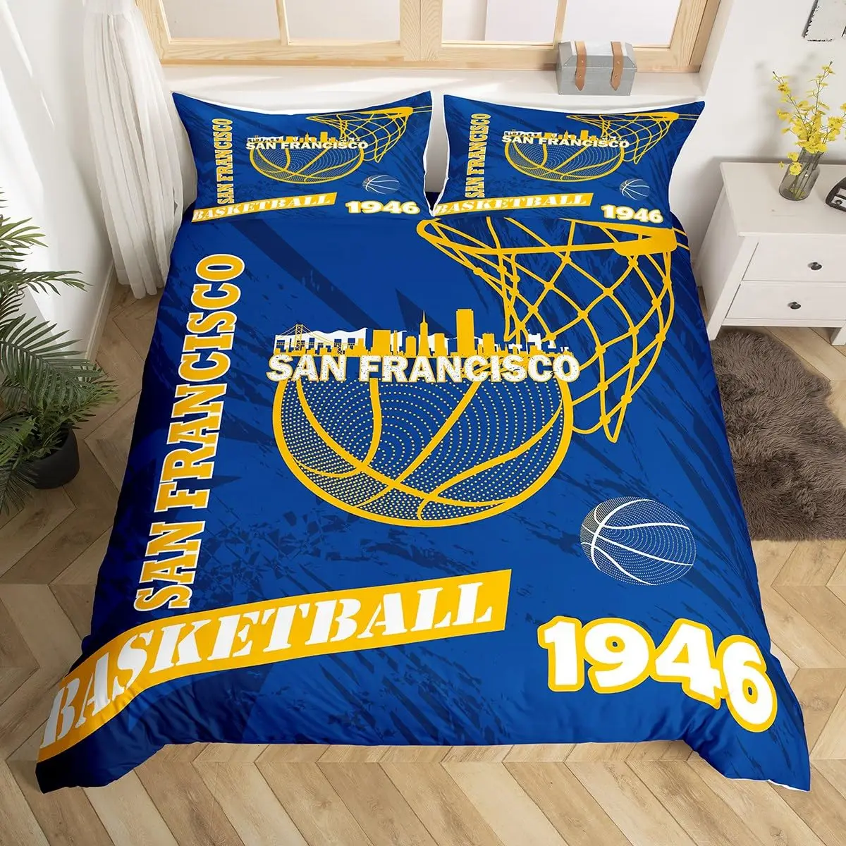 Basketball Court Print Bedding Set Twin Size,Ball Sports Games Themed Duvet Cover, Boys Game Room Decor Comforter Cover 4