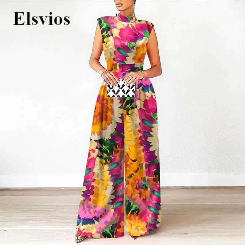 

Colorful Tie-dye Print Sleeveless Party Jumpsuit Sexy Turtleneck High Waist Women Romper Elegant Lady Wide Leg Overalls Playsuit