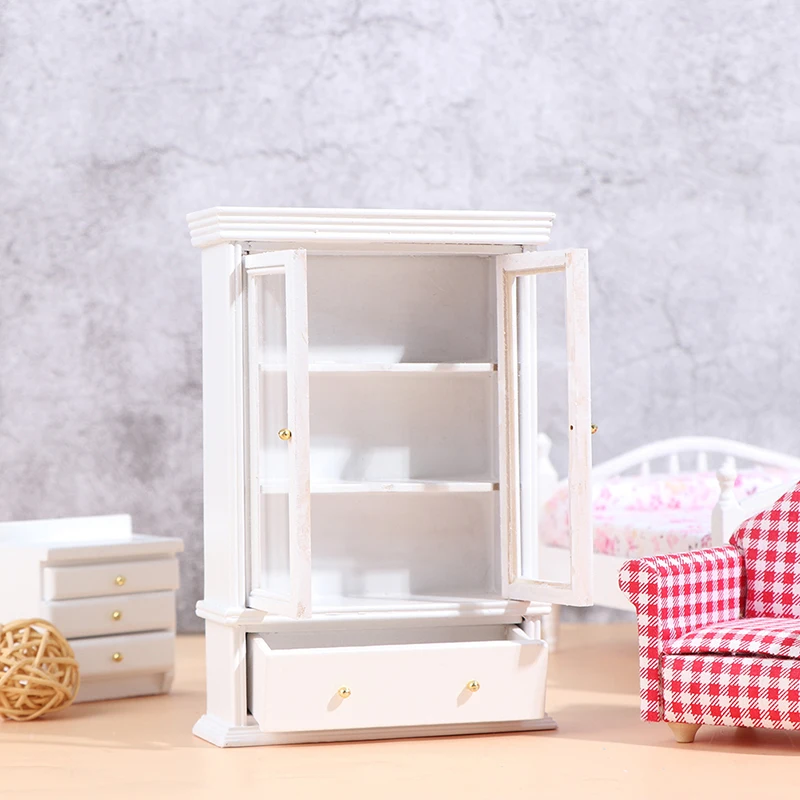 

1:12 Миниатюрный белый деревянный двухдверный стеклянный шкаф для кукольного дома витрина с ящиками декор для кукольного дома