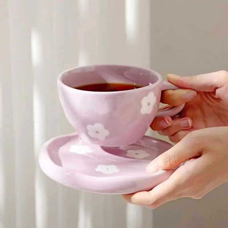 

250ml Ceramic Mug Japanese Retro Hand-Painted Purple Small Flower Cups with Saucers Hand Pinched Irregular Coffee Cup Set