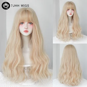 7JHH WIGS Costume Wig High Density Synthetic Loose Wave Blonde Wig for Women Heat Resistant Light Brown Hair Wig with Neat Bangs