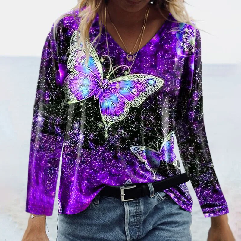 

Women Sexy V-neck Blouse 2023 Summer Casual Long-sleeved Fluorescence Color Butterfly Printing Shirt Fashion Loose Street Tops