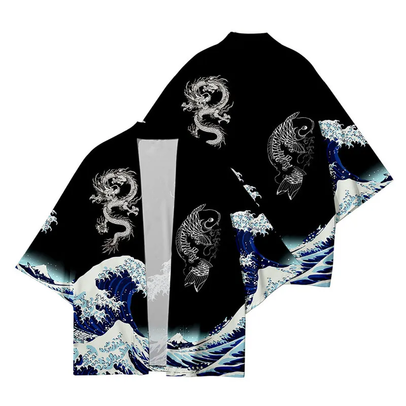 3 To 14 Years kids kimono Japanese Traditional Costume Boys Girl Wave Carp Print Haori Cardigan Jacket Children Beach Wear Cloak