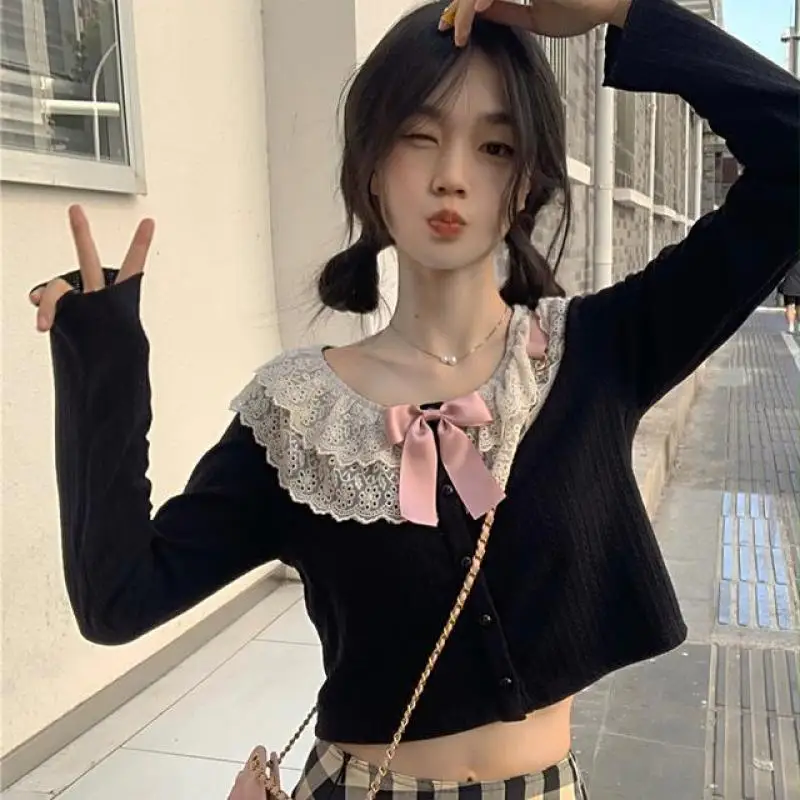 

Осенний вязаный кардиган Kawaii Lolita, женский кружевной черный корейский милый свитер, женский элегантный японский свитер с бантом, топы 2024