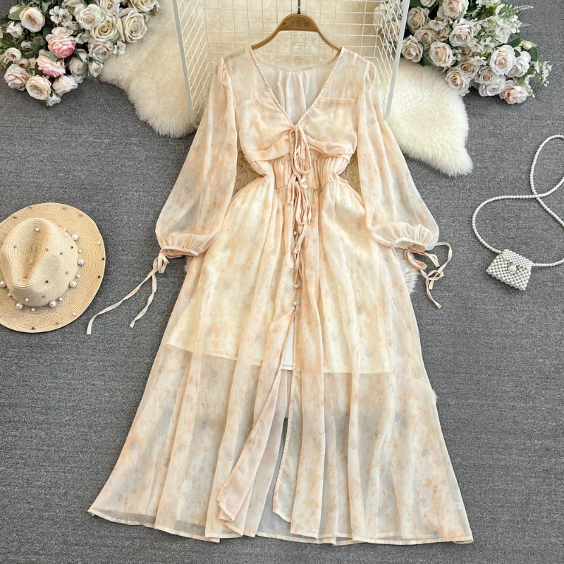 

Women's Dress Autumn French Gentle Style Elegant Temperament A-Line Mid-Length Printing Puff Sleeve Lace-Up V-Neck Dresses