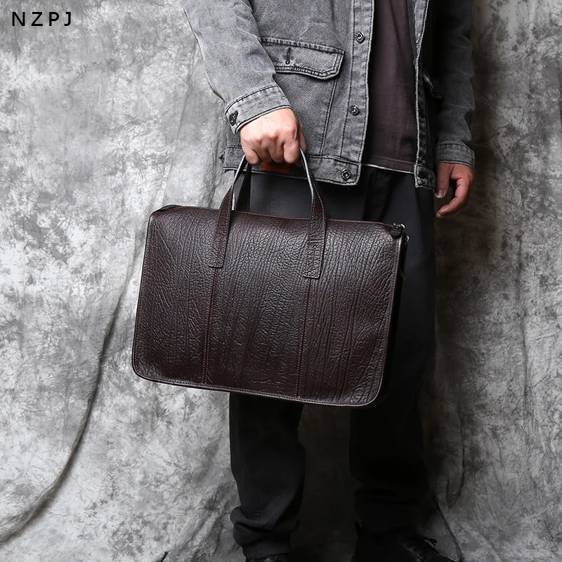 NZPJ Men's Handbag Genuine Leather Briefcase Top Layer Cowhide Shoulder Messenger Bag Fashion Laptop Bag for 15 Inch Laptop