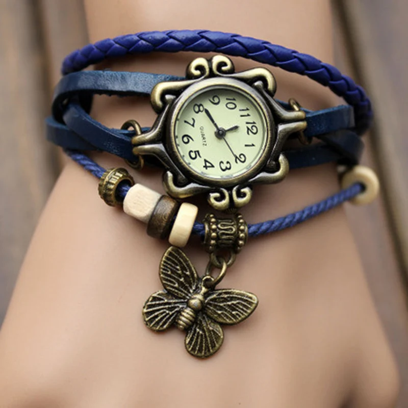 Fashion Retro Leather Strap Butterfly Pendant Women Bracelet Watch women watches
