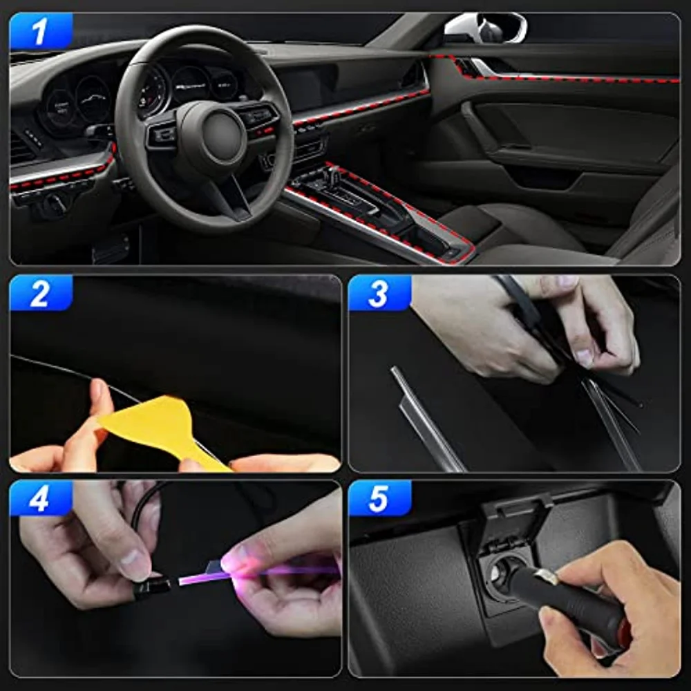 6IN1 8M RGB LED Atmosphere Car Interior Ambient Light Fiber Optic Strips App Control