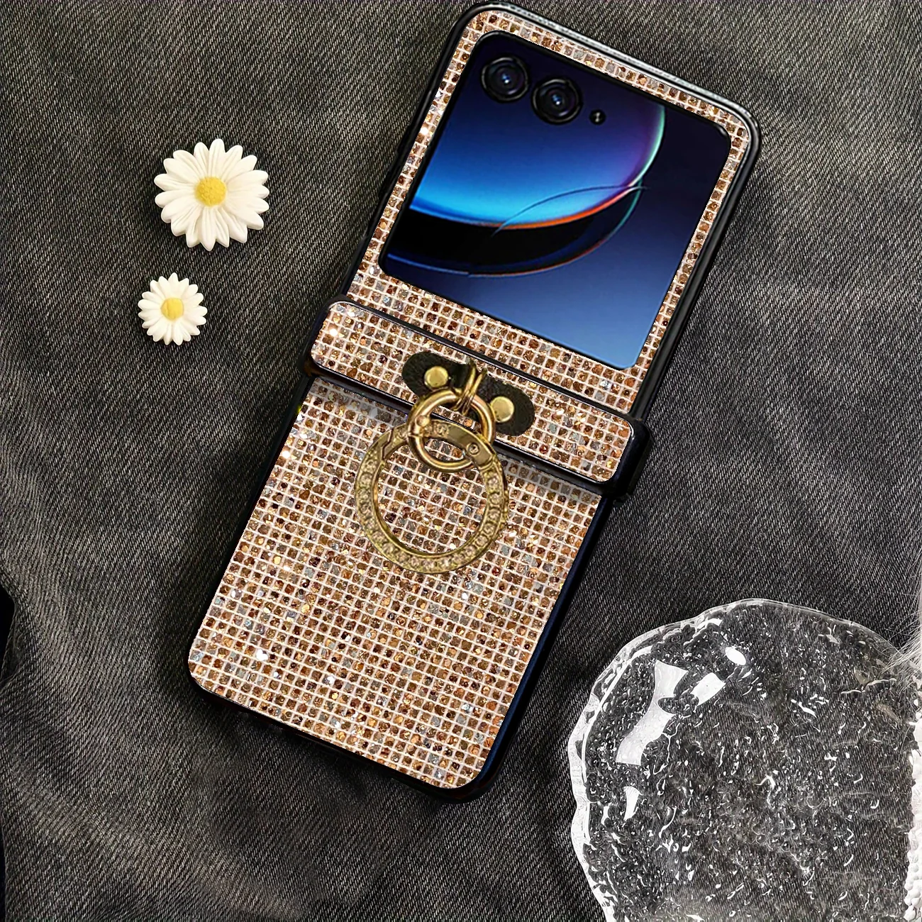 Glitter Diamond-Plated Ring Buckle Phone Case - Shiny 3-Piece Hard Protective Cover
