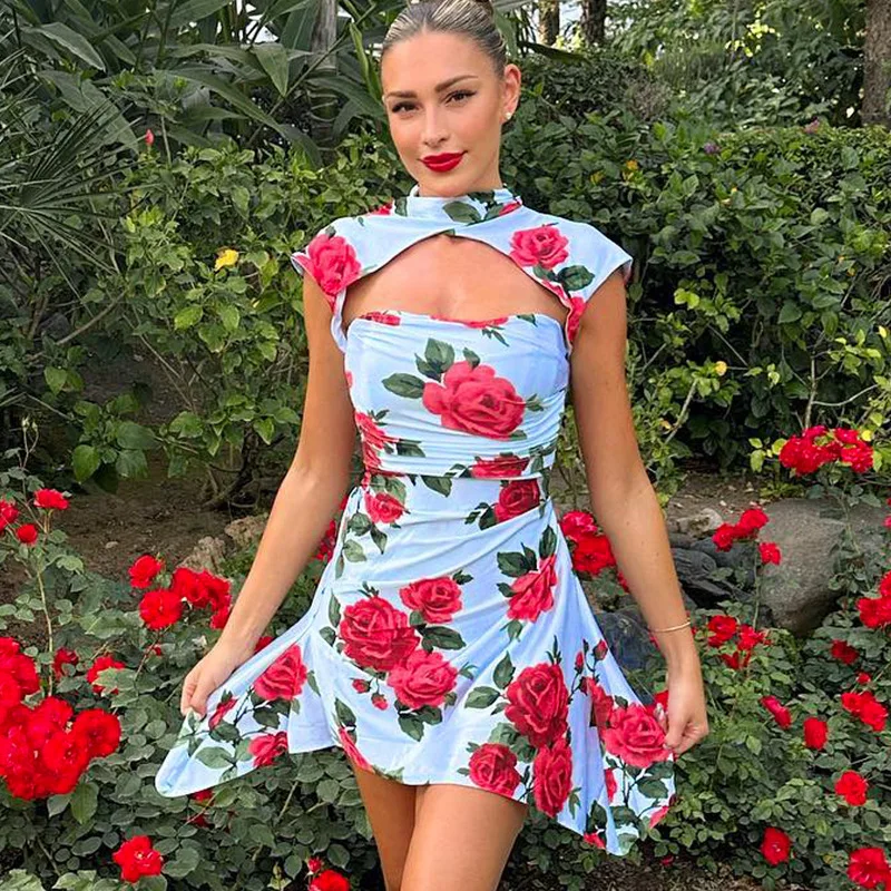 

Meqeiss 2023 New Elegant Floral Print Cottagecore Mini Dress Summer Outfits for Women Sexy Cut Out Ruched Sundresses Club Party