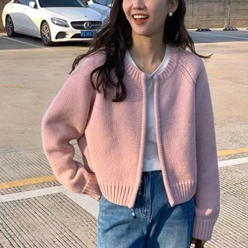 

Autumn Korean Knitted Cardigan Women Sweet Zipper Cropped Sweaters Vintage Knitwear Coat Casual Short Jumpers Jackets Outerwear
